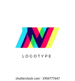 Glitch effect letter N, colored spectrum overlay effect. Vector slant symbol for cyber sport, racing, automotive and fashion branding. Vector typography design for logo and monogram