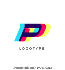 Glitch effect letter P, colored spectrum overlay effect. Vector slant symbol for cyber sport, racing, automotive and fashion branding. Vector typography design for logo and monogram