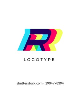 Glitch effect letter R, colored spectrum overlay effect. Vector slant symbol for cyber sport, racing, automotive and fashion branding. Vector typography design for logo and monogram
