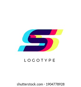 Glitch effect letter S, colored spectrum overlay effect. Vector slant symbol for cyber sport, racing, automotive and fashion branding. Vector typography design for logo and monogram