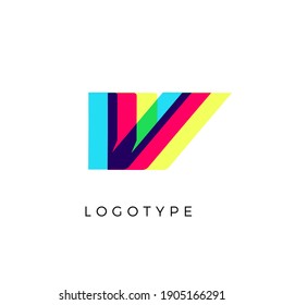Glitch effect letter V, colored spectrum overlay effect. Vector slant symbol for cyber sport, racing, automotive and fashion branding. Vector typography design for logo and monogram
