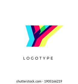 Glitch effect letter Y, colored spectrum overlay effect. Vector slant symbol for cyber sport, racing, automotive and fashion branding. Vector typography design for logo and monogram