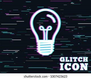 Glitch effect. Light bulb icon. Lamp E27 screw socket symbol. Illumination sign. Background with colored lines. Vector