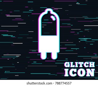 Glitch effect. Light bulb icon. Lamp G9 socket symbol. Led or halogen light sign. Background with colored lines. Vector