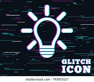 Glitch effect. Light lamp sign icon. Idea symbol. Light is on. Background with colored lines. Vector