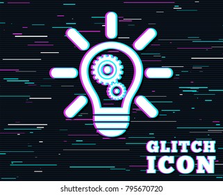Glitch effect. Light lamp sign icon. Bulb with gears and cogs symbol. Idea symbol. Background with colored lines. Vector
