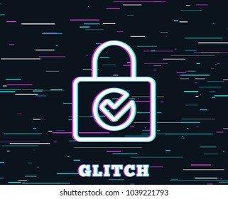 Glitch effect. Lock with Check line icon. Private locker sign. Password encryption symbol. Background with colored lines. Vector