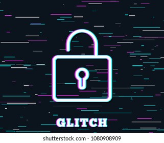 Glitch effect. Lock line icon. Private locker sign. Password encryption symbol. Background with colored lines. Vector