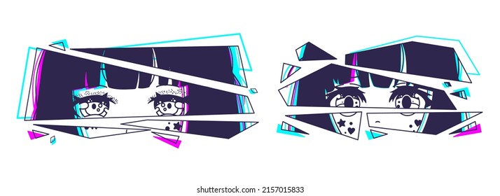 Glitch effect. Manga style. Japanese girl. Anime characters. Vector. Pre-made print