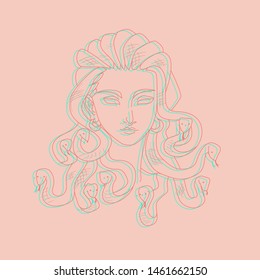 Glitch effect medusa gorgon vector line art isolated on beige background. fashion print, t shirt design, greeting card, sticker, poster