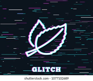 Glitch effect. Mint leaves line icon. Herbal leaf sign. Tea with Mentha symbol. Background with colored lines. Vector