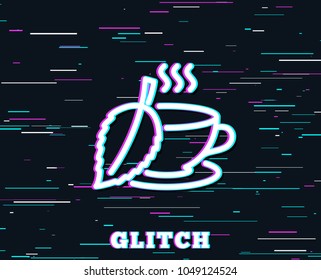 Glitch effect. Mint Tea line icon. Fresh herbal beverage sign. Cup of drink symbol. Background with colored lines. Vector