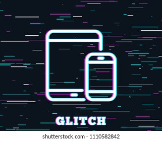 Glitch effect. Mobile Devices icon. Smartphone and Tablet PC signs. Touchscreen gadget symbols. Background with colored lines. Vector