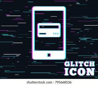 Glitch effect. Mobile payments icon. Smartphone with credit card symbol. Background with colored lines. Vector