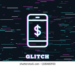 Glitch effect. Mobile Shopping line icon. Smartphone Online buying sign. Dollar symbol. Background with colored lines. Vector