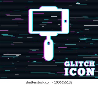 Glitch effect. Monopod selfie stick icon. Self portrait tool. Background with colored lines. Vector