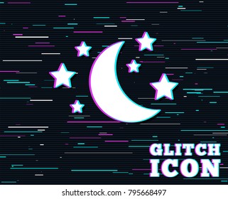 Glitch effect. Moon and stars icon. Sleep dreams symbol. Night or bed time sign. Background with colored lines. Vector