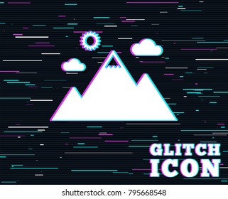 Glitch effect. Mountain icon. Mountaineering sport sign. Leadership motivation concept. Background with colored lines. Vector