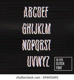 Glitch effect on the font. Digital decay. Letters and numbers vector illustration. Glitch in image processing. Television Screen Digital Effect Alphabet. Vector 10 EPS. 