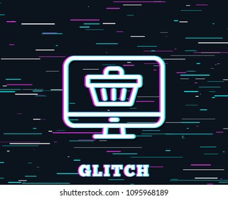 Glitch effect. Online Shopping cart line icon. Monitor sign. Supermarket basket symbol. Background with colored lines. Vector