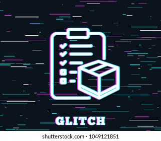 Glitch effect. Parcel checklist line icon. Logistics check sign. Package control symbol. Background with colored lines. Vector