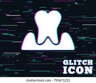 Glitch effect. Parodontosis tooth icon. Gingivitis sign. Inflammation of gums symbol. Background with colored lines. Vector