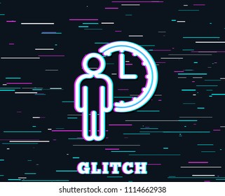 Glitch effect. Person waiting line icon. Service time sign. Clock symbol. Background with colored lines. Vector
