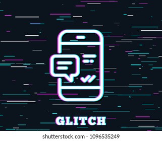 Glitch effect. Phone Message line icon. Mobile chat sign. Conversation or SMS symbol. Background with colored lines. Vector