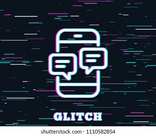Glitch effect. Phone Message line icon. Mobile chat sign. Conversation or SMS symbol. Background with colored lines. Vector