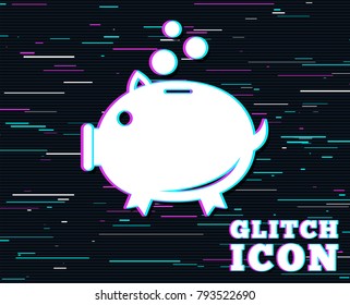 Glitch effect. Piggy bank sign icon. Moneybox symbol. Background with colored lines. Vector
