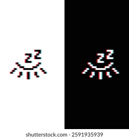 glitch effect pixel eye closed sleep zzz icon 8 bit, pixel art sleepy icon  for game  logo. 