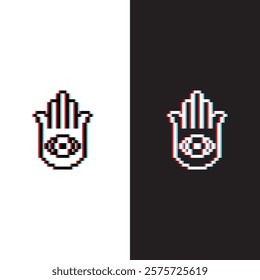 glitch effect pixel hamsa hand icon vector pixel art spirituality eye for 8 bit game