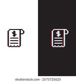 glitch effect pixel receipt icon. Vector pixel art check cheque 8 bit for game company logo template	
