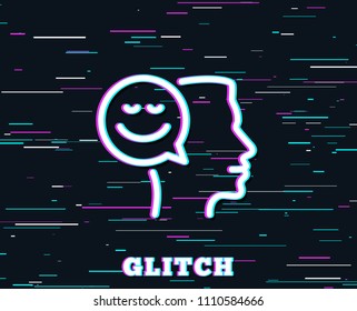 Glitch effect. Positive thinking line icon. Human communication symbol. Smile chat sign. Background with colored lines. Vector