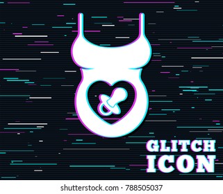 Glitch effect. Pregnant woman shirt sign icon. Baby on board with dummy. Maternity symbol Background with colored lines. Vector