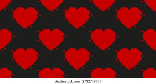 Patrón sin costuras de corazón rojo efecto Glitch. Diseño moderno de la Plantilla de papel de envoltura del día de San Valentín con el fondo negro aislado rojo del corazón moderno del efecto de Glitch. EPS 10