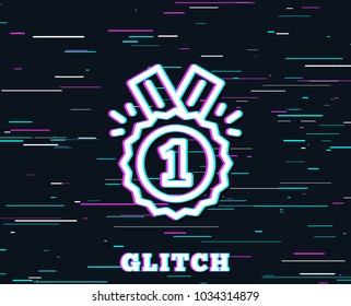 Glitch effect. Reward Medal line icon. Winner achievement or Award symbol. Glory or Honor sign. Background with colored lines. Vector