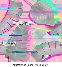 Glitch Effect Seamless Pattern With Tropical Elements. Cyberpunk Urban Digital Background For Fabric Fashion, Poster Design. Vector Illustration