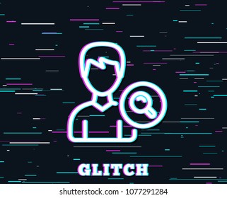 Glitch effect. Search User line icon. Profile Avatar with Magnifying glass sign. Male Person silhouette symbol. Background with colored lines. Vector