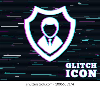 Glitch effect. Security agency sign icon. Shield protection symbol. Background with colored lines. Vector
