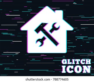 Glitch effect. Service house. Repair tool sign icon. Service symbol. Hammer with wrench. Background with colored lines. Vector