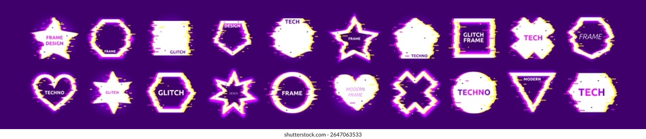 Glitch effect shape. Distorted techno frame. Broken glow of square. Pixel circle and triangle. Geometric logo with interference. Neon musical border. Cyber flat figure. Vector garish retro icons set