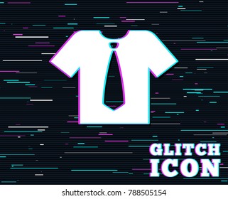Glitch effect. Shirt with tie sign icon. Clothes with short sleeves symbol. Background with colored lines. Vector