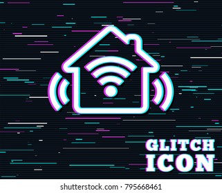 Glitch effect. Smart home sign icon. Smart house button. Remote control. Background with colored lines. Vector