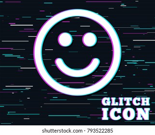 Glitch effect. Smile icon. Happy face chat symbol. Background with colored lines. Vector