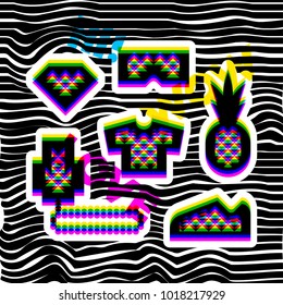 Glitch effect social network stickers in hip hop style. Contemporary geometric design elements in multiply blend mode