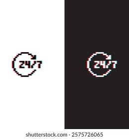 glitch effect support 24 7 icon 8 bit, pixel art icon for game logo.	
