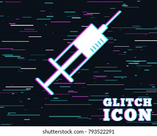 Glitch effect. Syringe sign icon. Medicine symbol. Background with colored lines. Vector