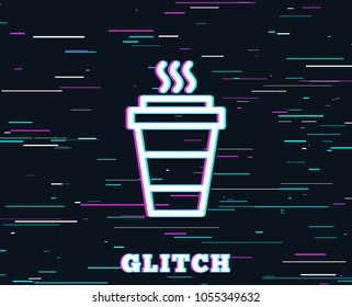 Glitch effect. Takeaway Coffee cup line icon. Hot drink sign. Takeout symbol. Background with colored lines. Vector