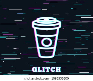 Glitch effect. Takeaway Coffee or Tea line icon. Hot drink sign. Beverage symbol. Background with colored lines. Vector